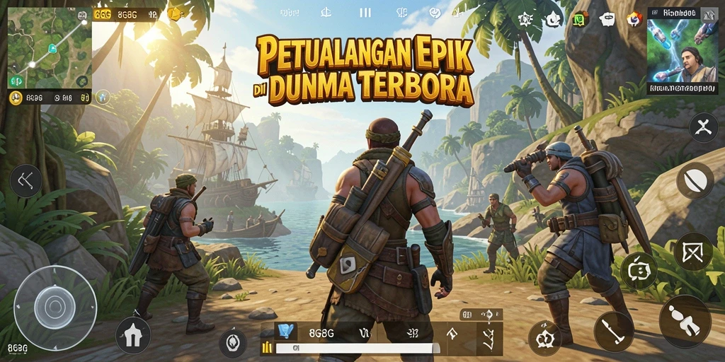 Screenshot utama 8G8G menampilkan eksplorasi dunia terbuka yang luas.