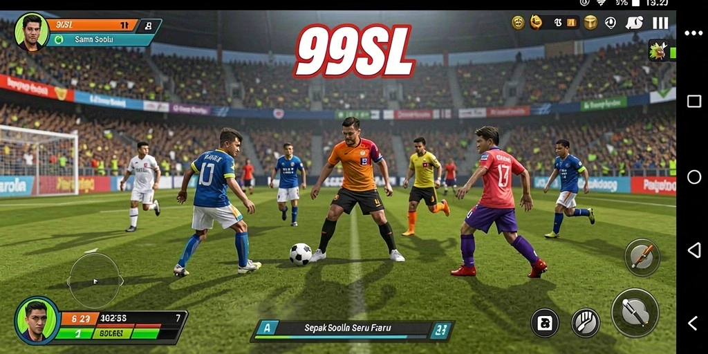 Screenshot gameplay 99SL yang menunjukkan aksi sepak bola intens.