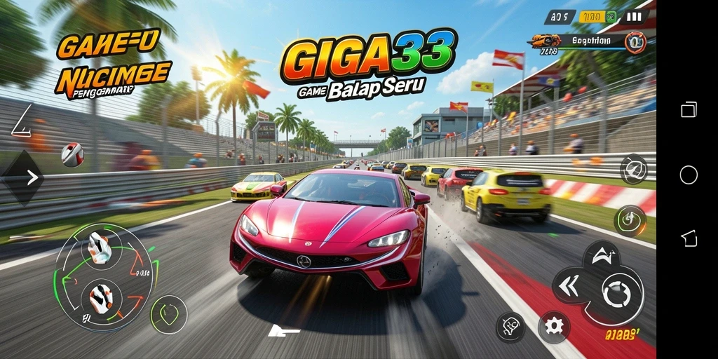 Tampilan gameplay GIGA33 dengan mobil balap dalam aksi.