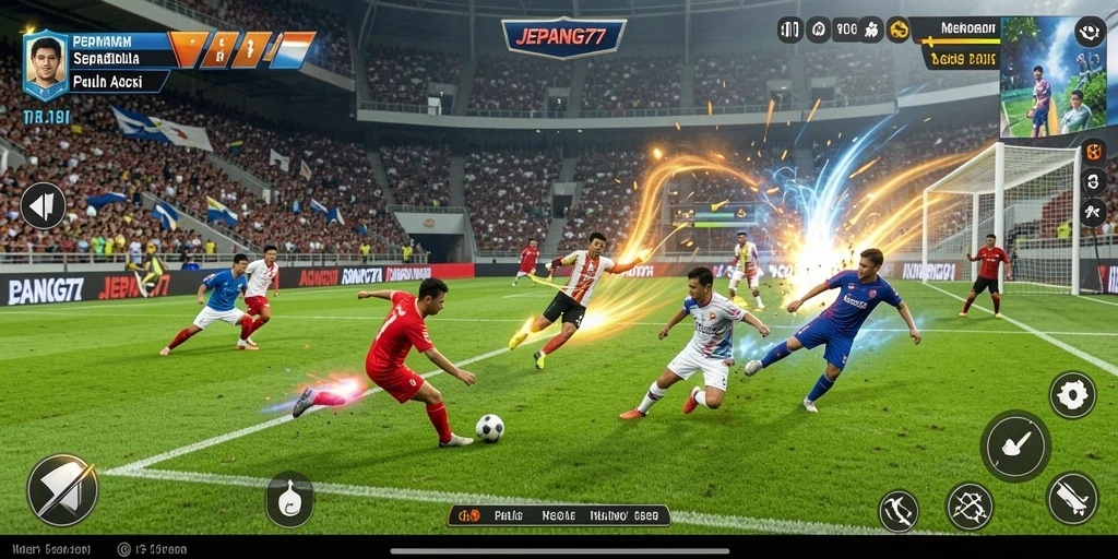 Screenshot dari gameplay JEPANG77 yang menampilkan aksi pertandingan sepak bola.