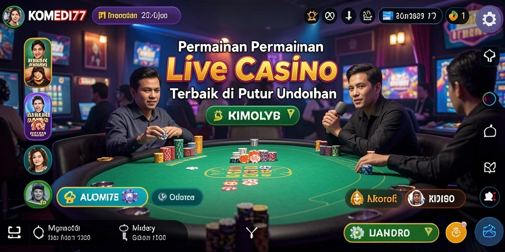 Screenshot gameplay KOMEDI77 menampilkan dealer profesional dan interaksi pemain.