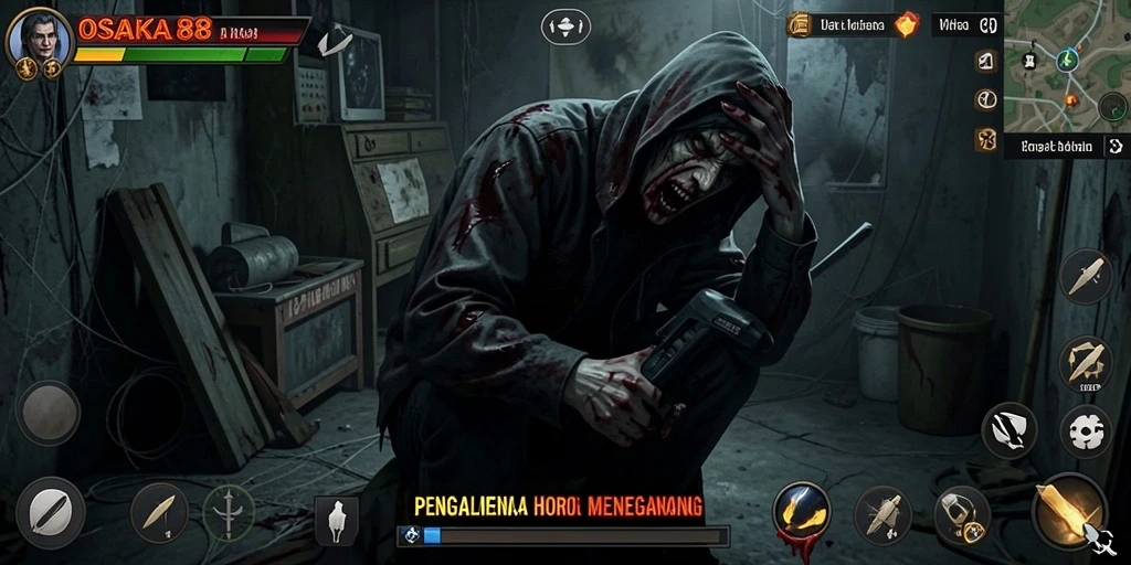Tangkapan layar gameplay OSAKA88 dengan suasana horor yang menakutkan.