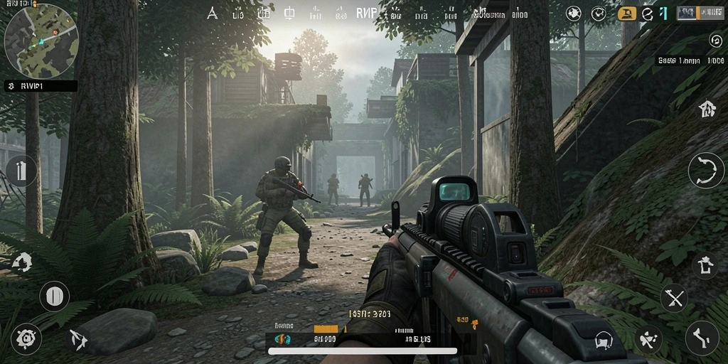 Screenshot gameplay RVIP1 yang menampilkan aksi pertempuran FPS.