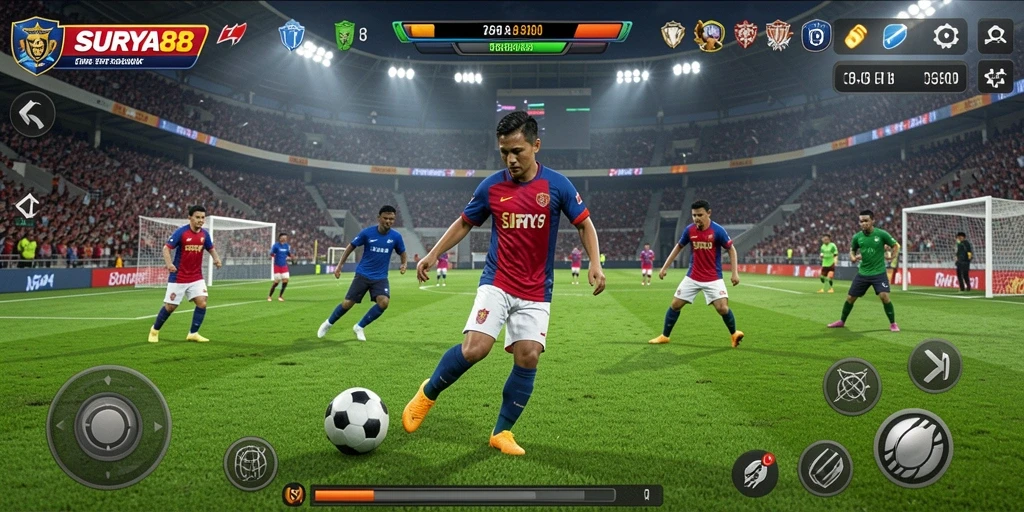 Tampilan gameplay mendebarkan di SURYA88 dengan aksi sepak bola nyata.