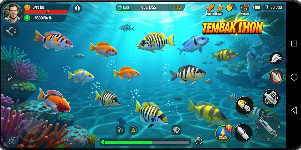 Screenshot gameplay VC55 menunjukkan aksi menembak ikan yang seru.